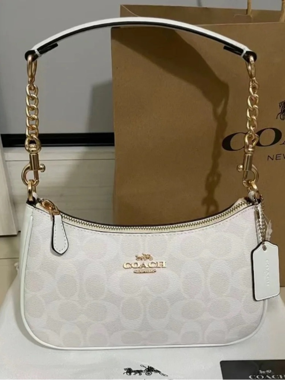 Coach White Signature Mini Shoulder Bag with Gold Hardware